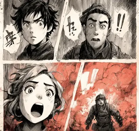 热血题材新作封面：少年与机甲在废墟中对峙